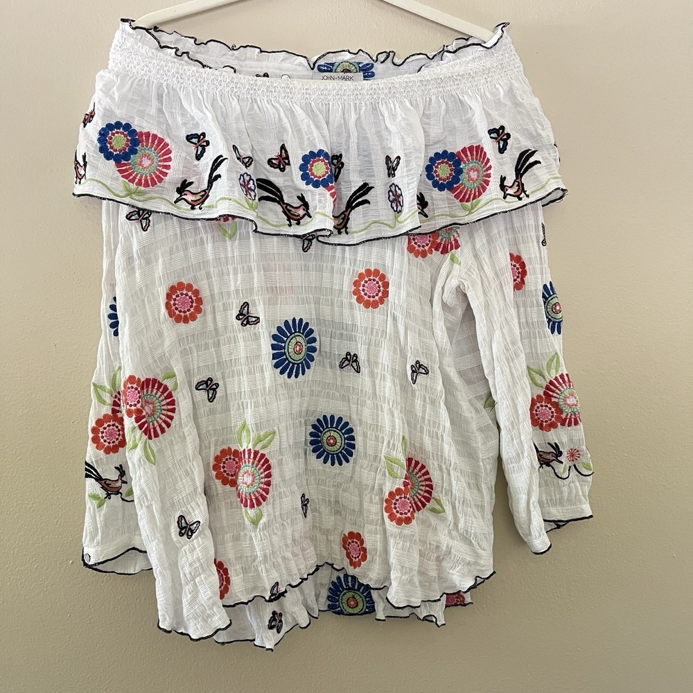 John Mark XL Blouse Embroidered Boho Floral Bird Off Shoulder Top 3/4 Sleeve